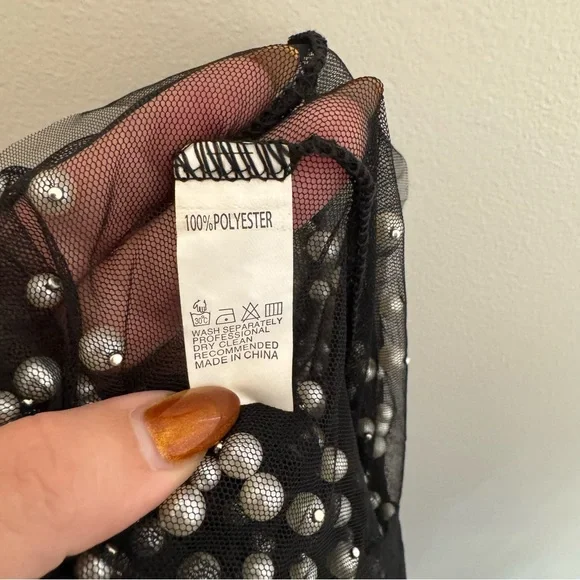 Pearl Embellished Sheer Long Sleeve Top Black - Picture 5 of 5